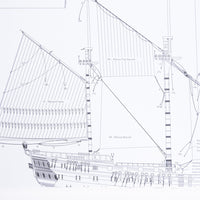 Photo of HMS Vanguard 1787 construction plans by Amati showing detailed ship blueprints and decorative elements for HMS Vanguard, Elephant, and Bellerophon