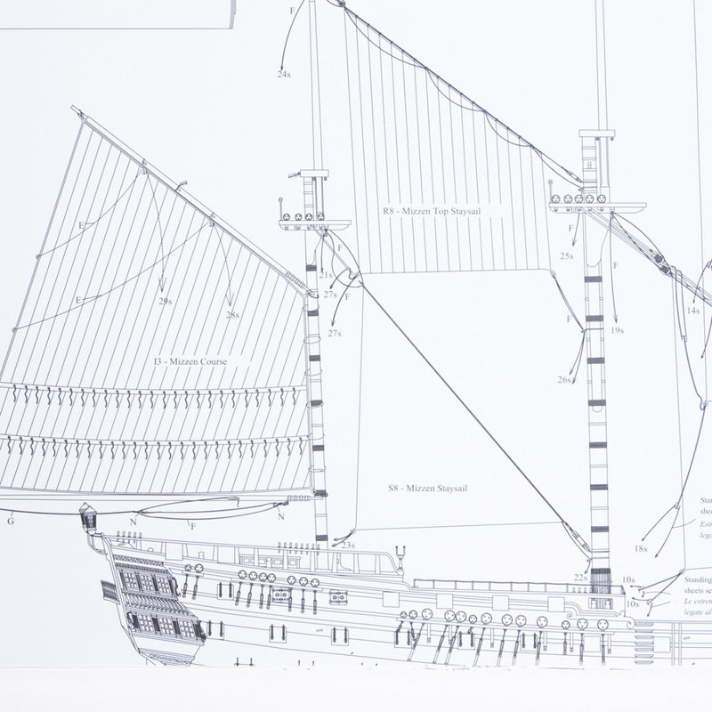 Photo of HMS Vanguard 1787 construction plans by Amati showing detailed ship blueprints and decorative elements for HMS Vanguard, Elephant, and Bellerophon