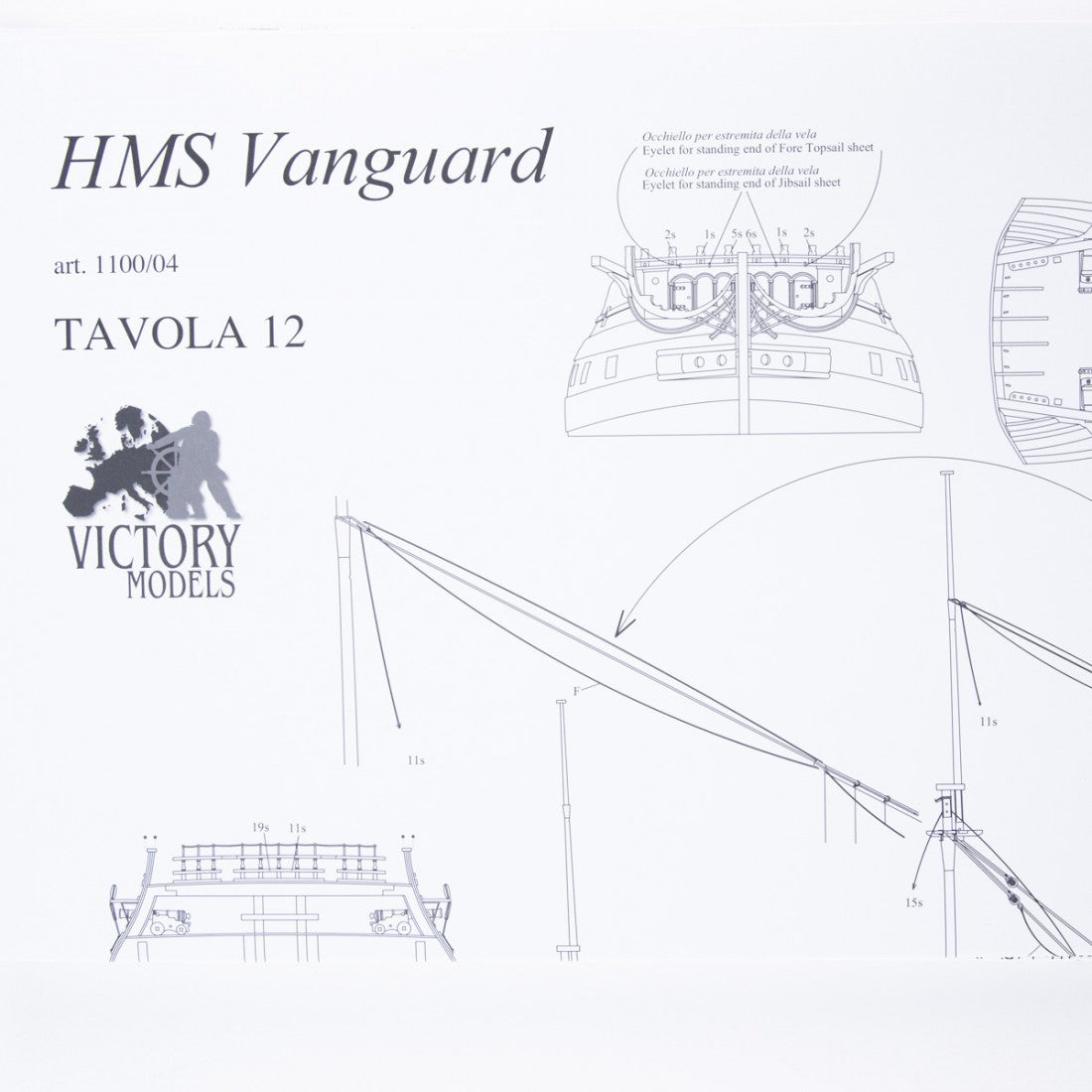 Photo of HMS Vanguard 1787 construction plans by Amati showing detailed ship blueprints and decorative elements for HMS Vanguard, Elephant, and Bellerophon