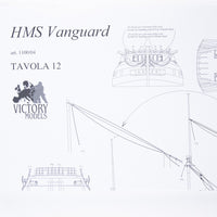Photo of HMS Vanguard 1787 construction plans by Amati showing detailed ship blueprints and decorative elements for HMS Vanguard, Elephant, and Bellerophon