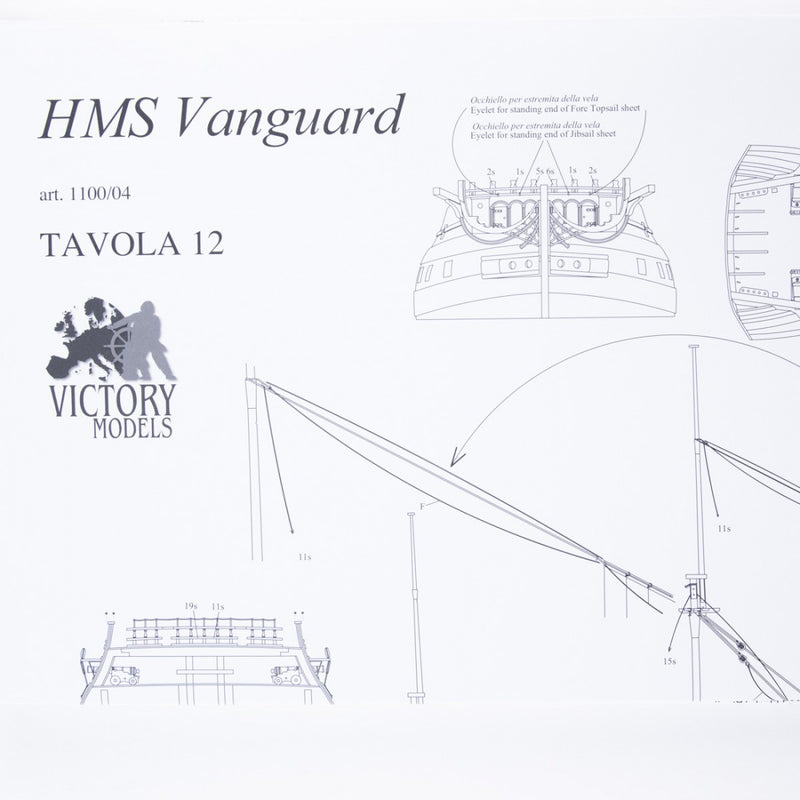 Photo of HMS Vanguard 1787 construction plans by Amati showing detailed ship blueprints and decorative elements for HMS Vanguard, Elephant, and Bellerophon