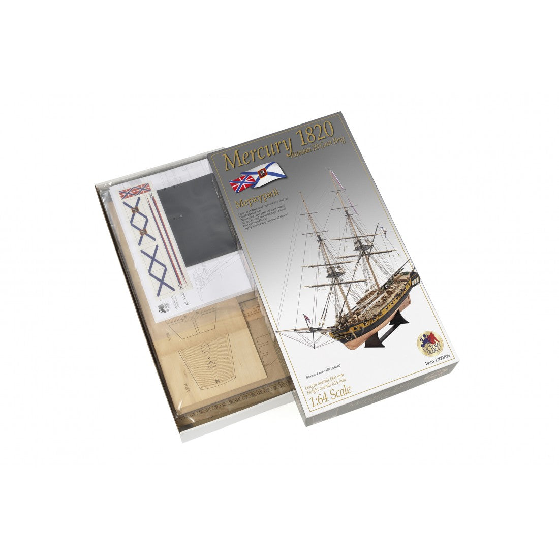 Photo of Amati Mercury wooden ship model kit 1:64 scale showing detailed hull, rigging, and copper-plated finish