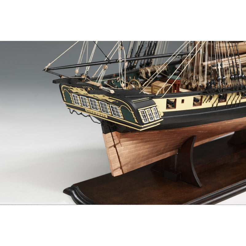 Photo of Amati Mercury wooden ship model kit 1:64 scale showing detailed hull, rigging, and copper-plated finish
