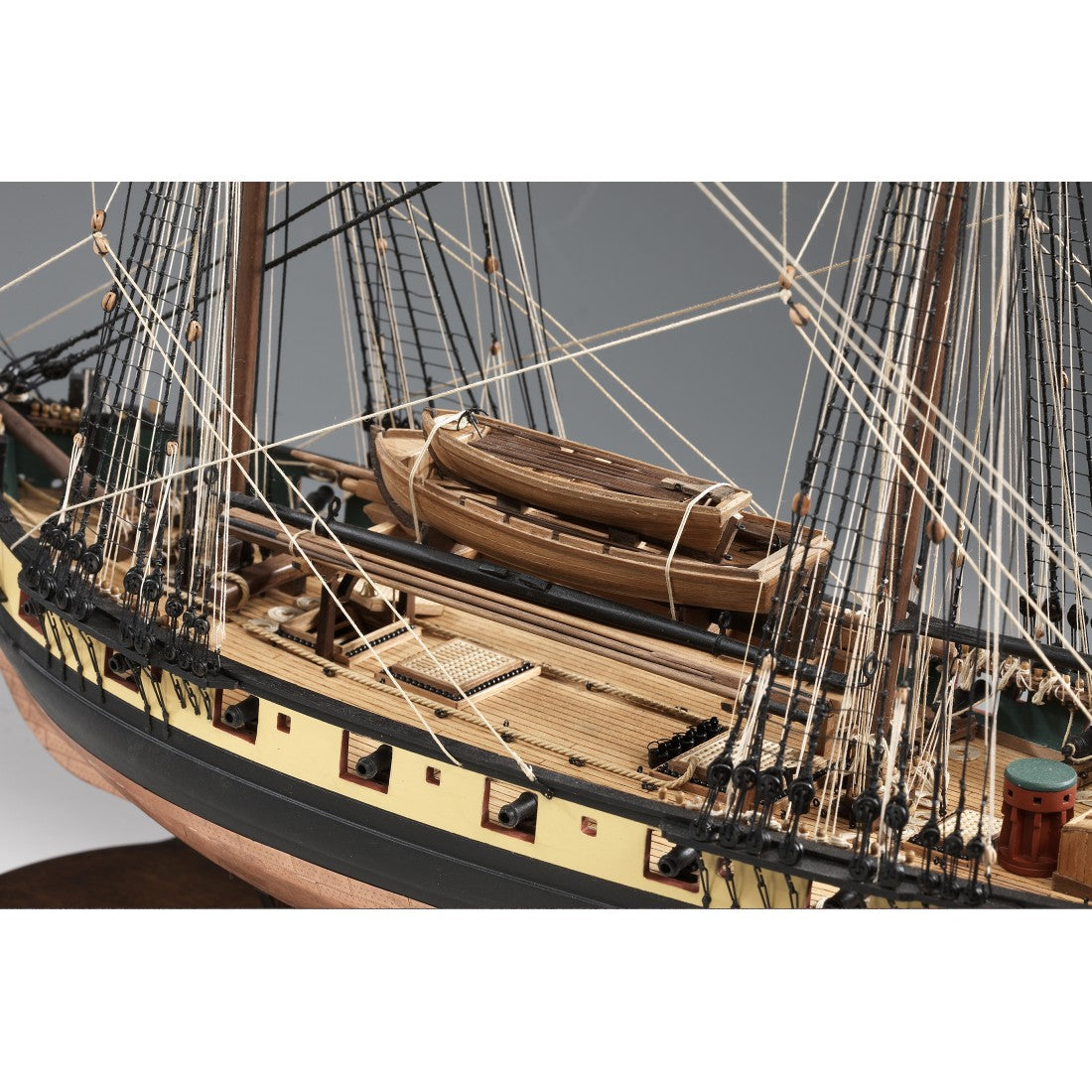 Photo of Amati Mercury wooden ship model kit 1:64 scale showing detailed hull, rigging, and copper-plated finish