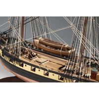 Photo of Amati Mercury wooden ship model kit 1:64 scale showing detailed hull, rigging, and copper-plated finish