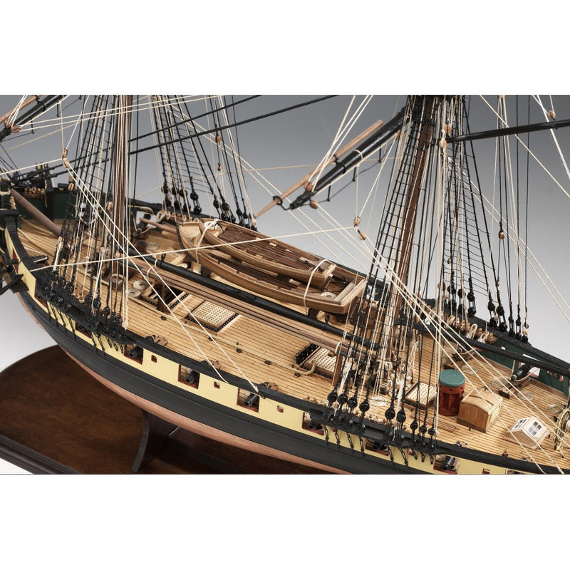 Photo of Amati Mercury wooden ship model kit 1:64 scale showing detailed hull, rigging, and copper-plated finish