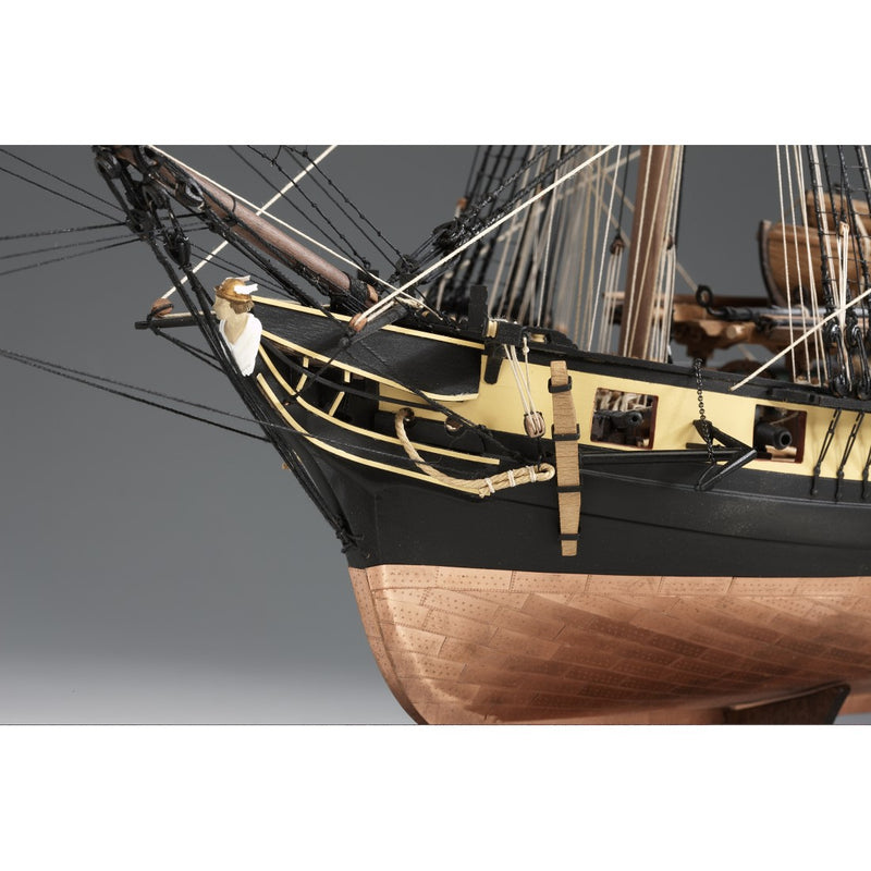 Photo of Amati Mercury wooden ship model kit 1:64 scale showing detailed hull, rigging, and copper-plated finish