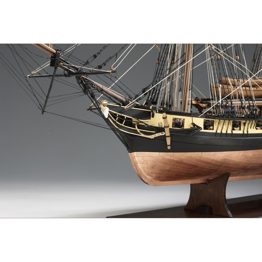 Photo of Amati Mercury wooden ship model kit 1:64 scale showing detailed hull, rigging, and copper-plated finish