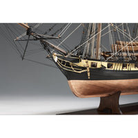 Photo of Amati Mercury wooden ship model kit 1:64 scale showing detailed hull, rigging, and copper-plated finish