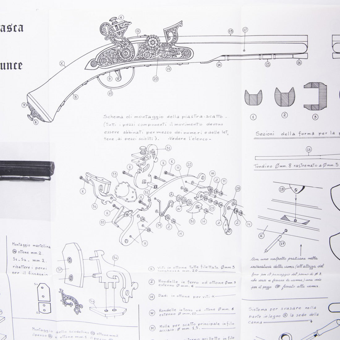 Photo of Amati B1210 Pocket Pistol Plan showing detailed drawings of a 17th-century Italian snaphaunce flintlock pistol