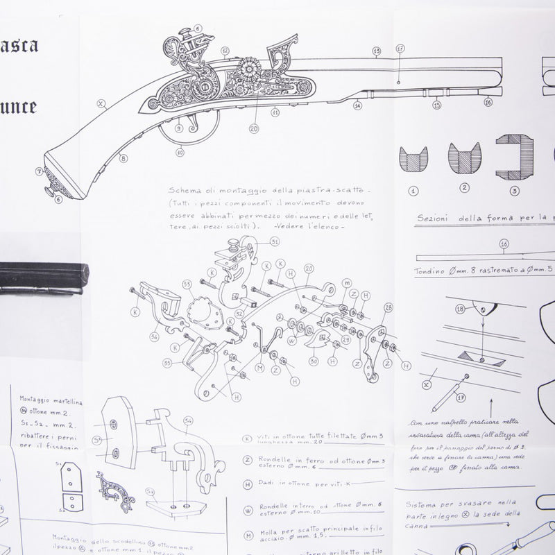 Photo of Amati B1210 Pocket Pistol Plan showing detailed drawings of a 17th-century Italian snaphaunce flintlock pistol