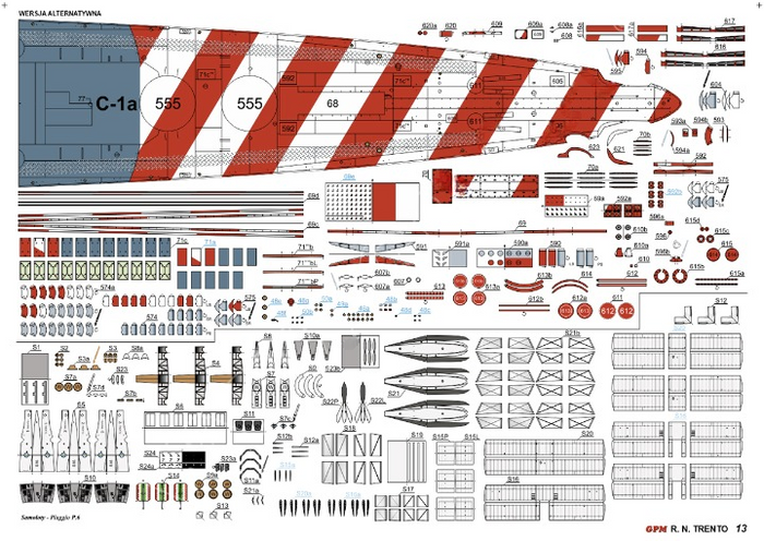 Photo of 1:200 scale Italian Cruiser R.N. Trento cardboard model kit, showing detailed parts and packaging.