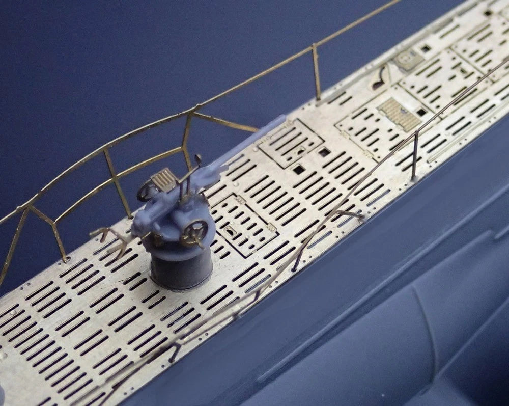 Photo of photo-etched brass upgrade parts for German U-Boat Type IIB model in 1:144 scale, compatible with Revell 05155 and ICM S.010 kits