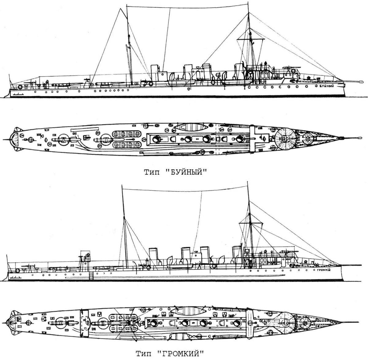 Black-and-white technical line drawings of a large naval ship shown from side and top views, with Cyrillic labels beneath the plan views.