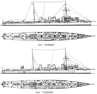 Black-and-white technical line drawings of a large naval ship shown from side and top views, with Cyrillic labels beneath the plan views.