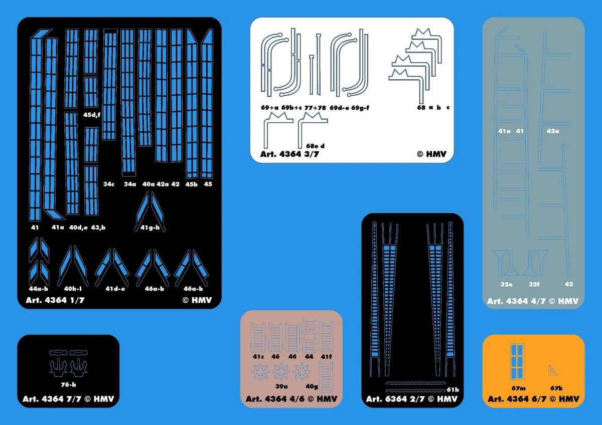 HMV model kit details sheet Art. 4364, featuring various blue, gray, and orange printed striping and lettering designs on black, white, and orange backing sheets, set against a solid blue background.