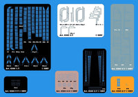 HMV model kit details sheet Art. 4364, featuring various blue, gray, and orange printed striping and lettering designs on black, white, and orange backing sheets, set against a solid blue background.