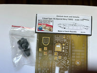 Photo of 1:72 scale photo-etched brass upgrade set for German U-Boat Type IIA, showing deck and conning tower detailing parts.