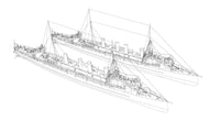 A black and white line art schematic showing two detailed ships from an elevated perspective, likely representing a digital design asset or architectural model.
