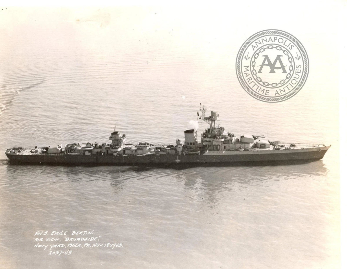 Black and white historical photograph print of the USS Endicott (BB-12) sailing on the water, featuring a circular 'Annapolis Maritime Antiques' watermark in the top right and printed caption text at the bottom left.