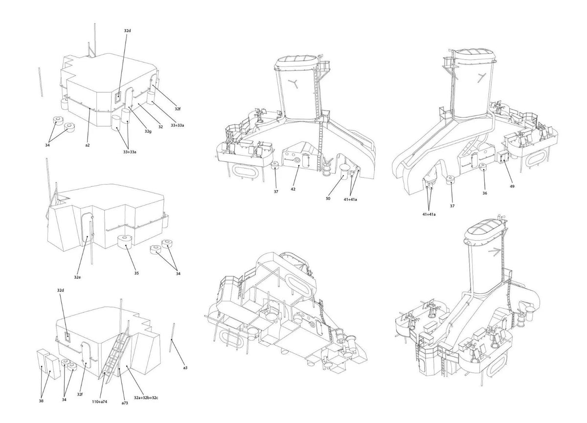 A technical line drawing sheet showing multiple isometric views of a mechanical device or assembly with callout labels on a white background.