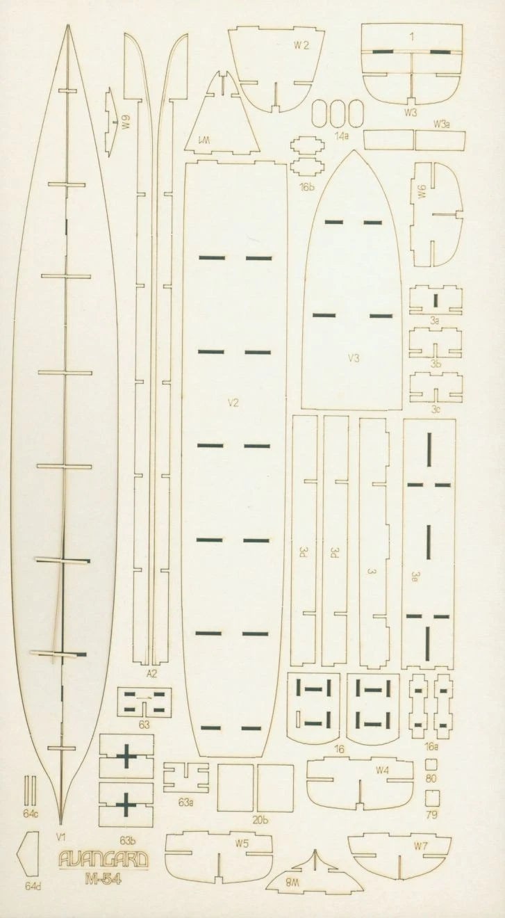 A sheet of light wood or cardboard template pieces laid out flat on a white background, showing multiple pre-cut sections with printed labels and markings for assembling a long, narrow boat or canoe.