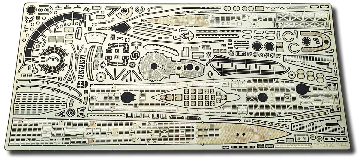 Photo of photo-etched brass detail set for German U-Boat Type VIIC41 and VIIC, designed for Revell 1:350 and 1:144 scale submarine kits.