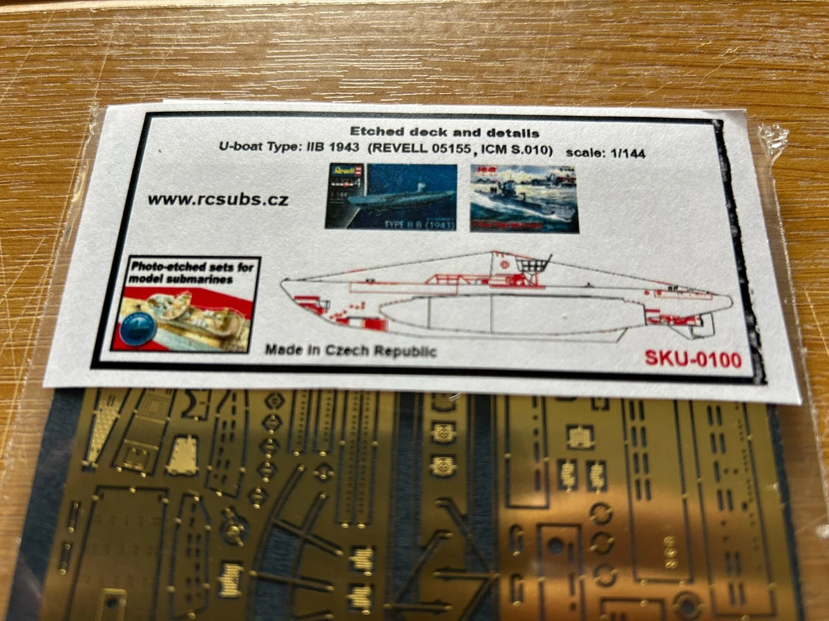 Photo of photo-etched brass upgrade parts for German U-Boat Type IIB model in 1:144 scale, compatible with Revell 05155 and ICM S.010 kits