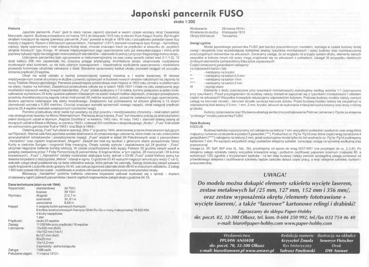 Photo of IJN Fuso 1:200 scale card model kit by Angraf Publishing showing detailed printed parts and packaging.