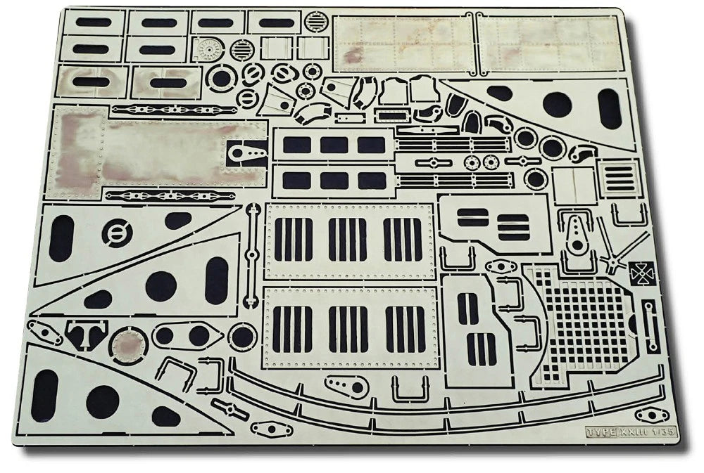 Photo of German U-Boat Type XXIII detail set with photo-etched and 3D printed resin parts for Bronco 35104 scale 1:35 submarine model