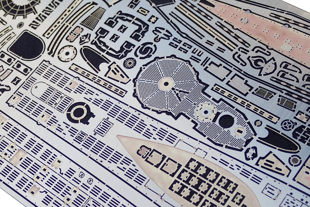 Photo of high-quality photo-etched brass detail set for German U-Boat Type VIIC 1:144 scale (Trumpeter 05912), including deck and tower components.