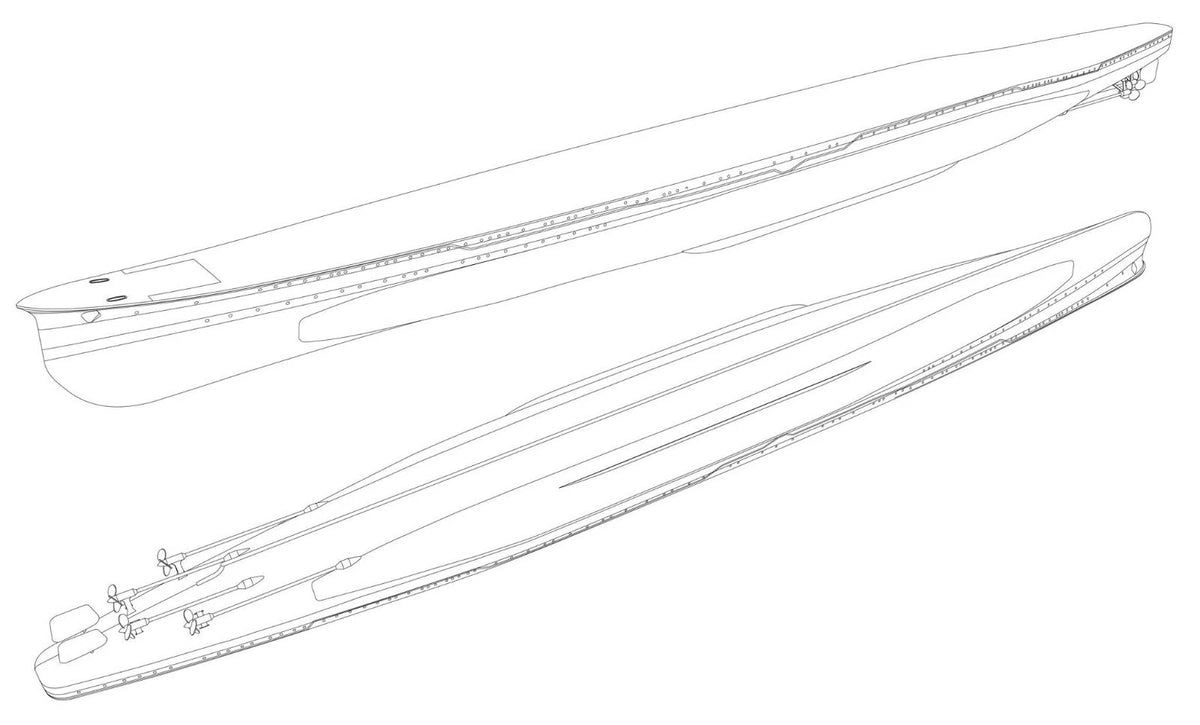 Black and white line art schematic showing two long, narrow boat-like vessels from side and angled views on a plain white background.