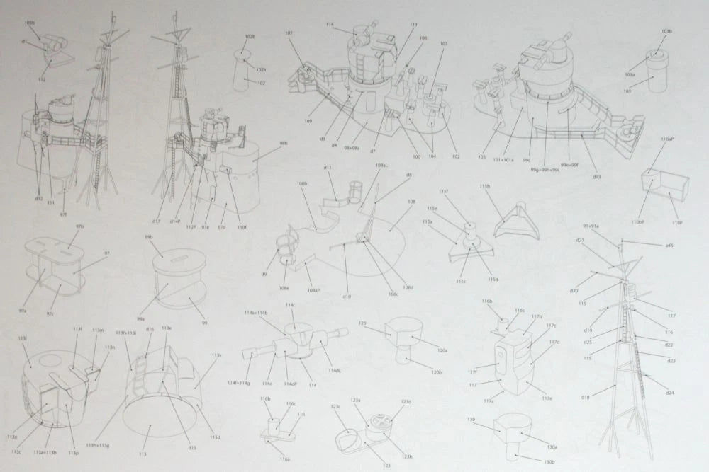 A technical assembly diagram sheet showing multiple line-art schematics of a model kit, likely a model ship or tower structure, with parts labeled and exploded views on a white background.