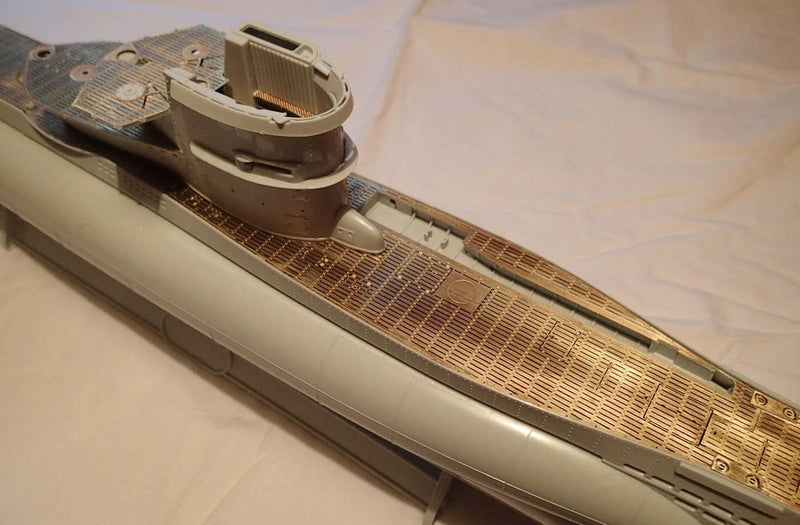 Photo of photo-etched brass upgrade parts for 1:72 scale German U-Boat Type VIIC41 model, designed for Revell 05045 kit