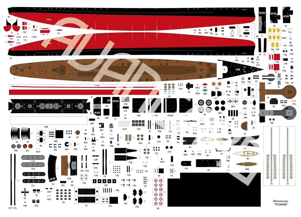 A sheet of model boat decal stickers laid out on a white background, featuring a red and black hull design with a brown wooden-texture section and many small black, white, and yellow details.
