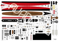 A sheet of model boat decal stickers laid out on a white background, featuring a red and black hull design with a brown wooden-texture section and many small black, white, and yellow details.