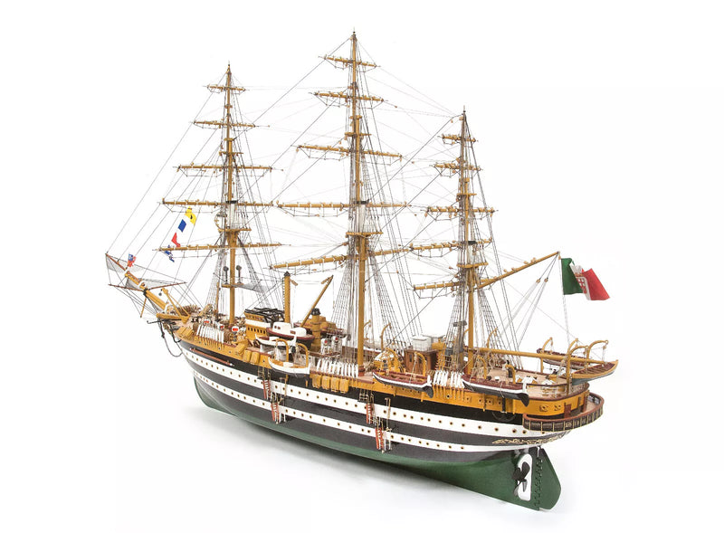 Photo of OcCre Amerigo Vespucci 1:100 wooden model ship kit without sails, showing detailed hull and brass photo-etch parts.