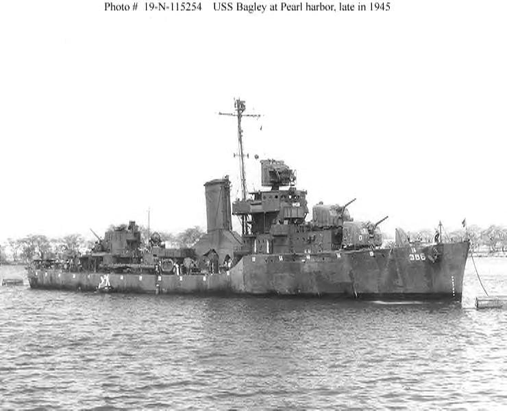 Black and white historical photograph of the USS Bagley at Pearl harbor, late in 1945, with caption text at the top reading 'Photo # 19-N-115254 USS Bagley at Pearl harbor, late in 1945'.