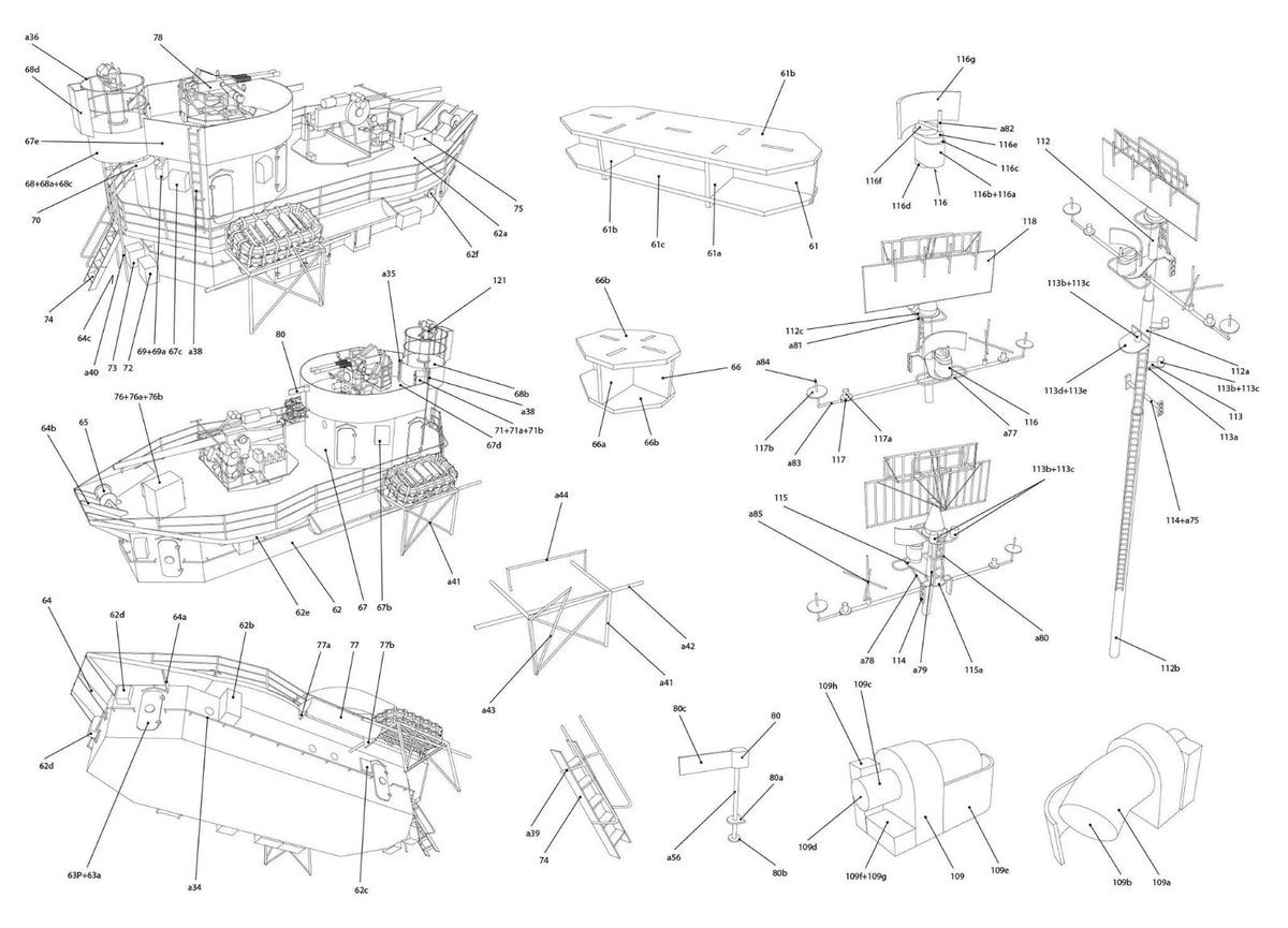 A black and white technical schematic sheet showing multiple line-art views of a boat or vessel with labeled parts, assembly relationships, and callouts on a white background.