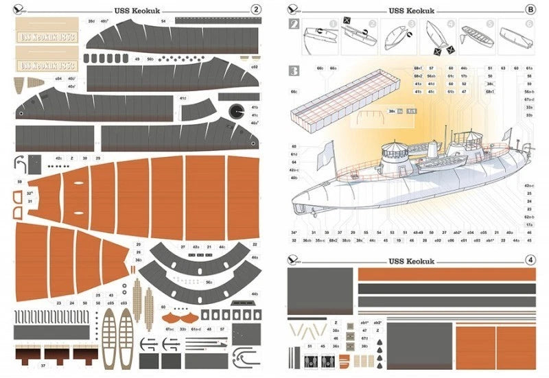 A model kit instruction sheet for the USS Koenigk, showing multiple layers of decals, strips, and assembly diagrams on a white background.