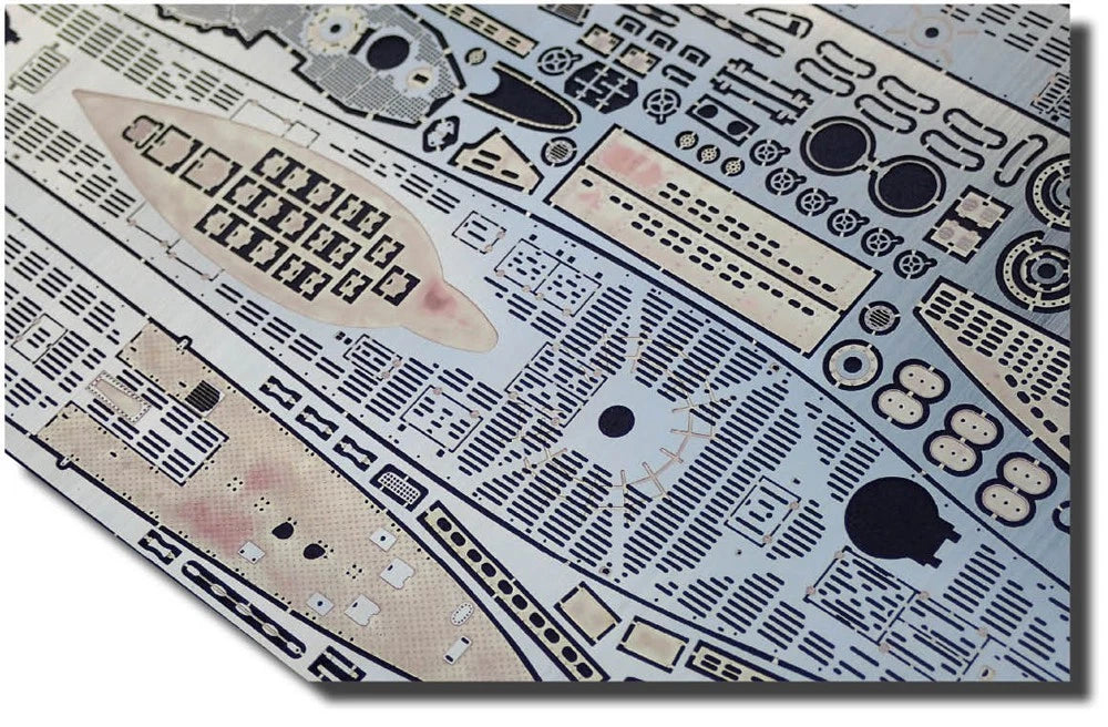 Photo of high-quality photo-etched brass detail set for German U-Boat Type VIIC 1:144 scale (Trumpeter 05912), including deck and tower components.