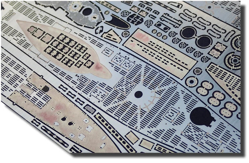 Photo of high-quality photo-etched brass detail set for German U-Boat Type VIIC 1:144 scale (Trumpeter 05912), including deck and tower components.