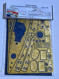 Photo of 1:35 scale photo-etched brass detail set for German U-Boat Type Seehund Bronco CB35053, showing deck, railings, and conning tower parts.