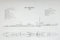 A technical line drawing and specification sheet for the Japanese U-boat JN «YŌgumo» from 1942, shown on a light gray background with black technical schematics and text.