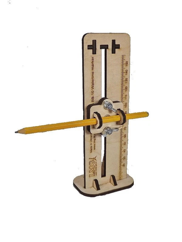 Photo of LMG BB-10 ship model waterline marker made from plywood