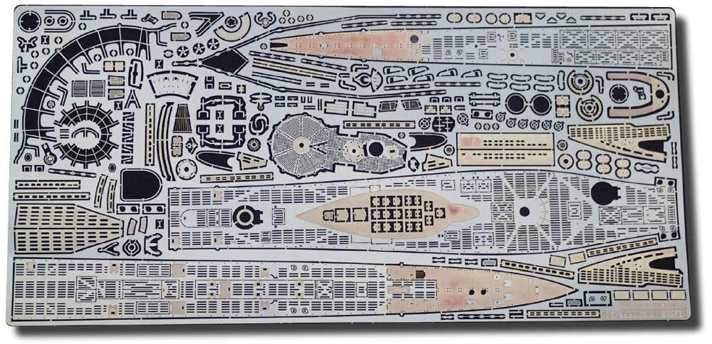 Photo of high-quality photo-etched brass detail set for German U-Boat Type VIIC 1:144 scale (Trumpeter 05912), including deck and tower components.