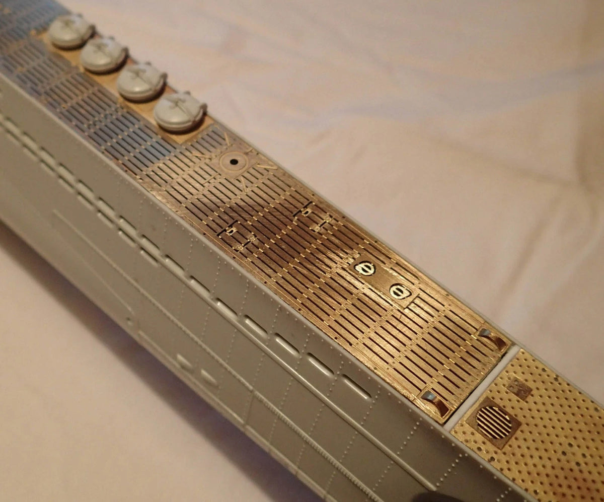 Photo of photo-etched brass upgrade parts for 1:72 scale German U-Boat Type VIIC41 model, designed for Revell 05045 kit
