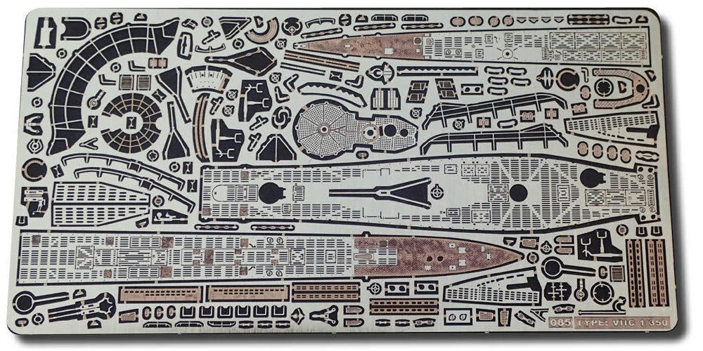 Photo of photo-etched brass detail set for German U-Boat Type VIIC in 1:350 scale, compatible with Revell 05093