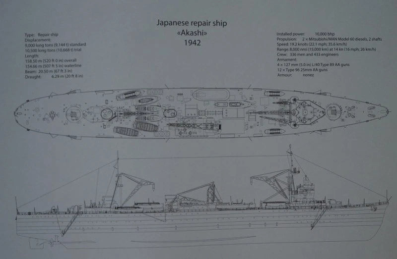 A technical line drawing and specification sheet of the Japanese repair ship Akashi from 1942, showing side and deck plan views with text specifications printed on a white background.