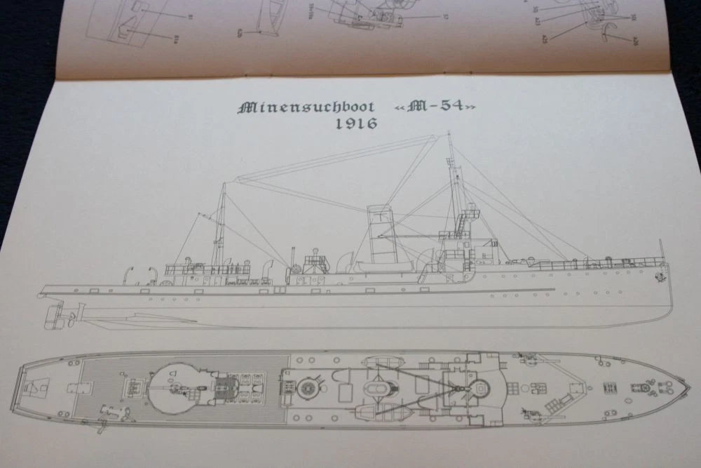 A printed technical drawing of a 1916 Minensuchboot U-54 ship, showing side and top deck plan views on an off-white sheet of paper.